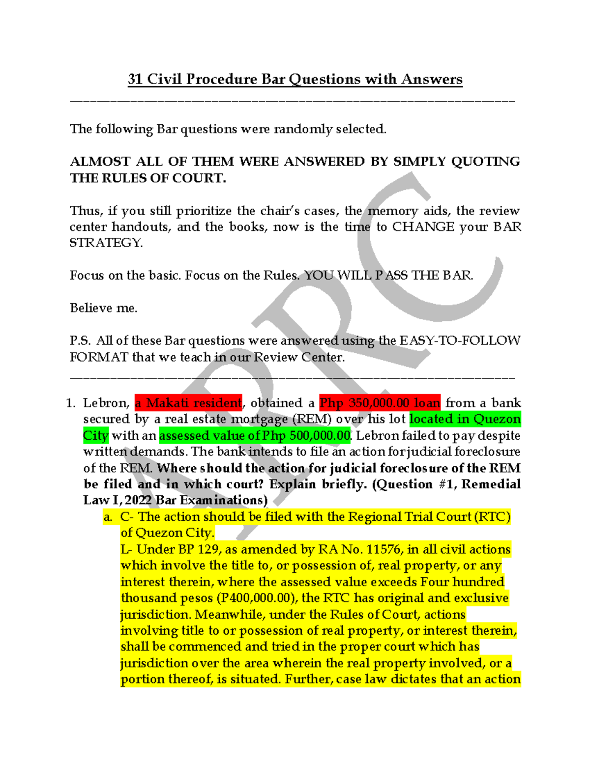 Civil Procedure Bar Questions & Answers (Remedial Law I, 2022) - Studocu