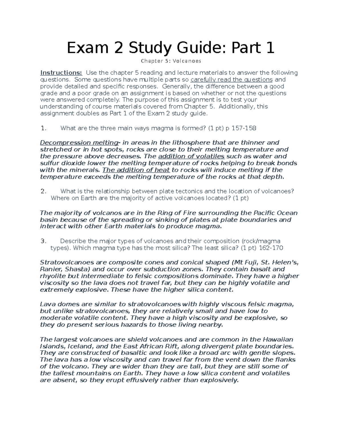 Study Guide Chapter 5 - Exam 2 Study Guide: Part 1 Chapter 5: Volcanoes ...
