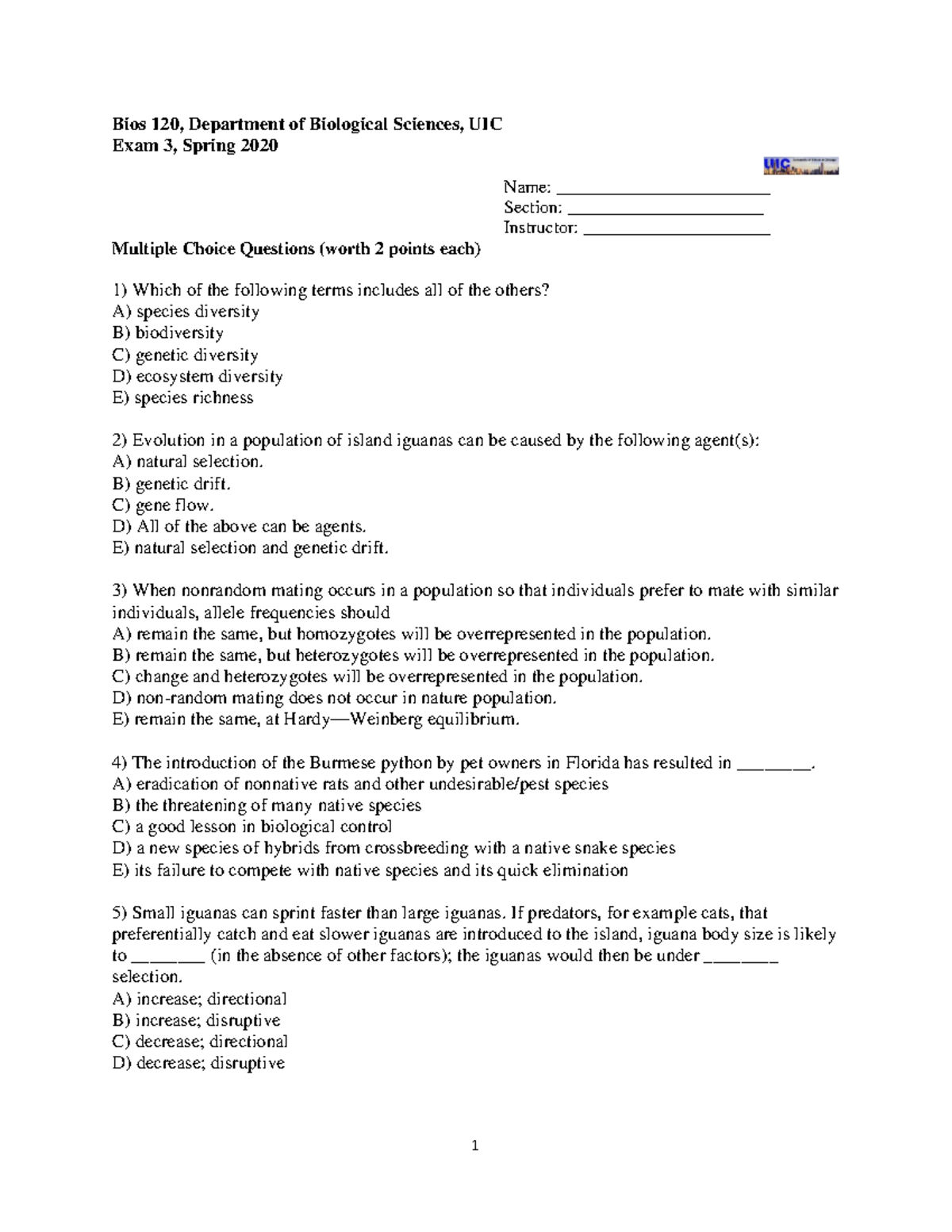 Bios 120 Exam 3 Review - Spring 2020, UIC - Multiple Choice Questions ...
