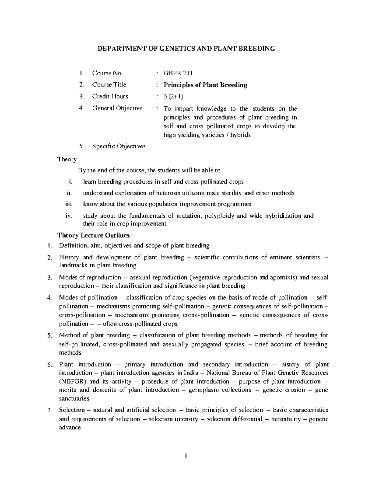 Principles of Plant Breeding: Lecture Notes for GBPR 211 - Studocu