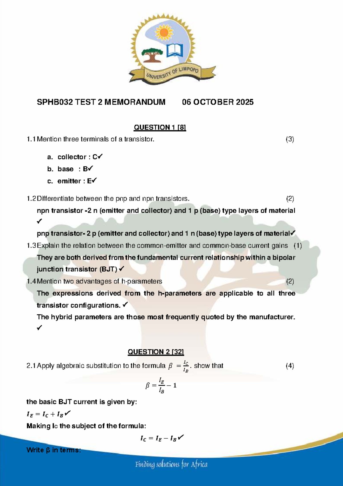 SPHB032 TEST 2 2025 MEMORANDUM - Key Concepts and Solutions - Studocu
