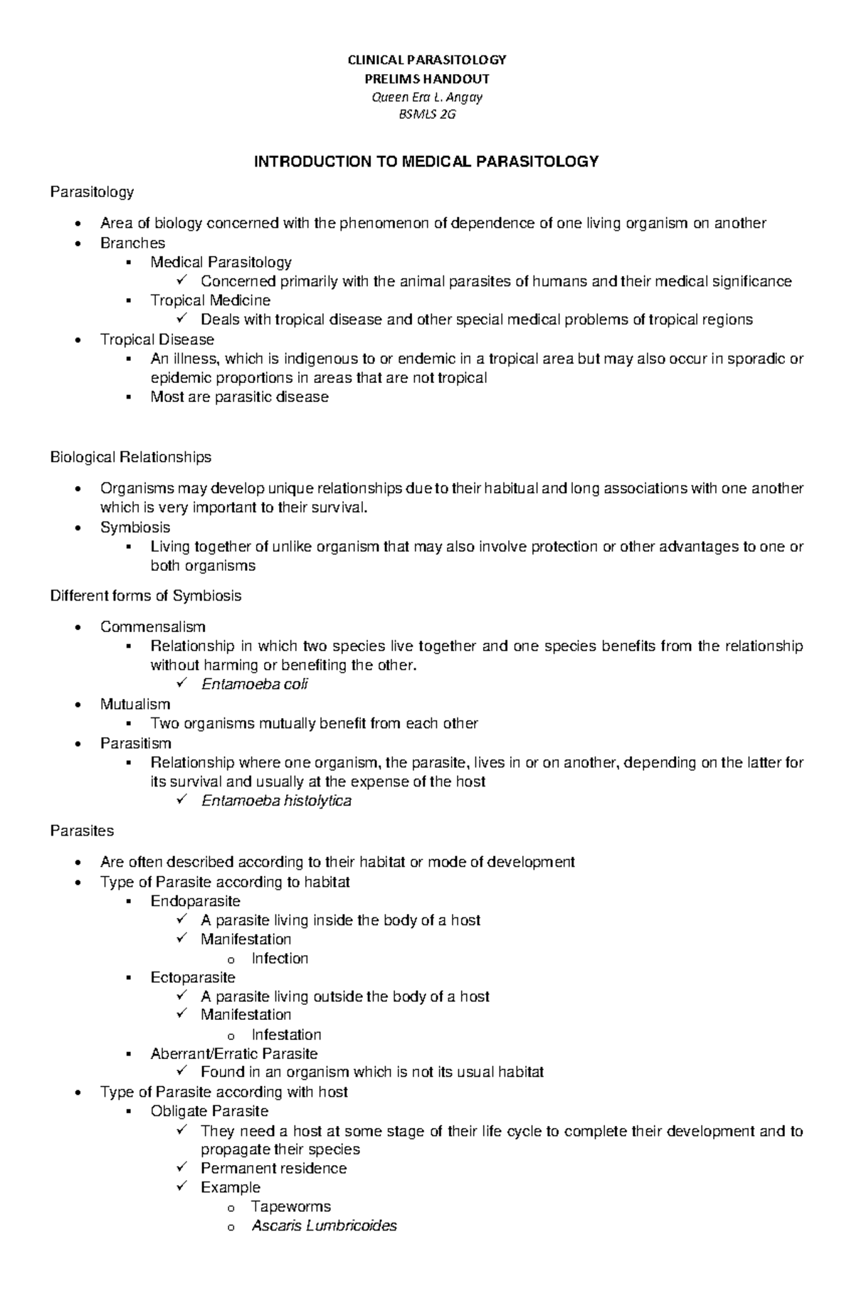 Prelims Notes on Medical Parasitology (BSMLS 2G) - Studocu