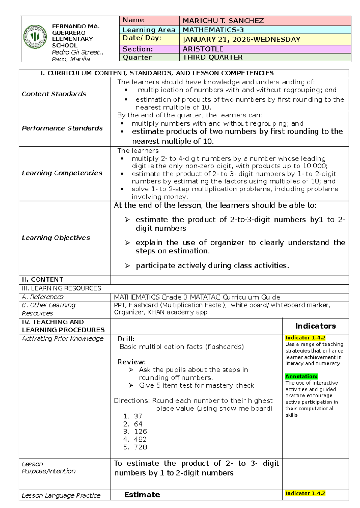 Mathematics Grade 3 Lesson Plan: Estimation & Multiplication Techniques ...