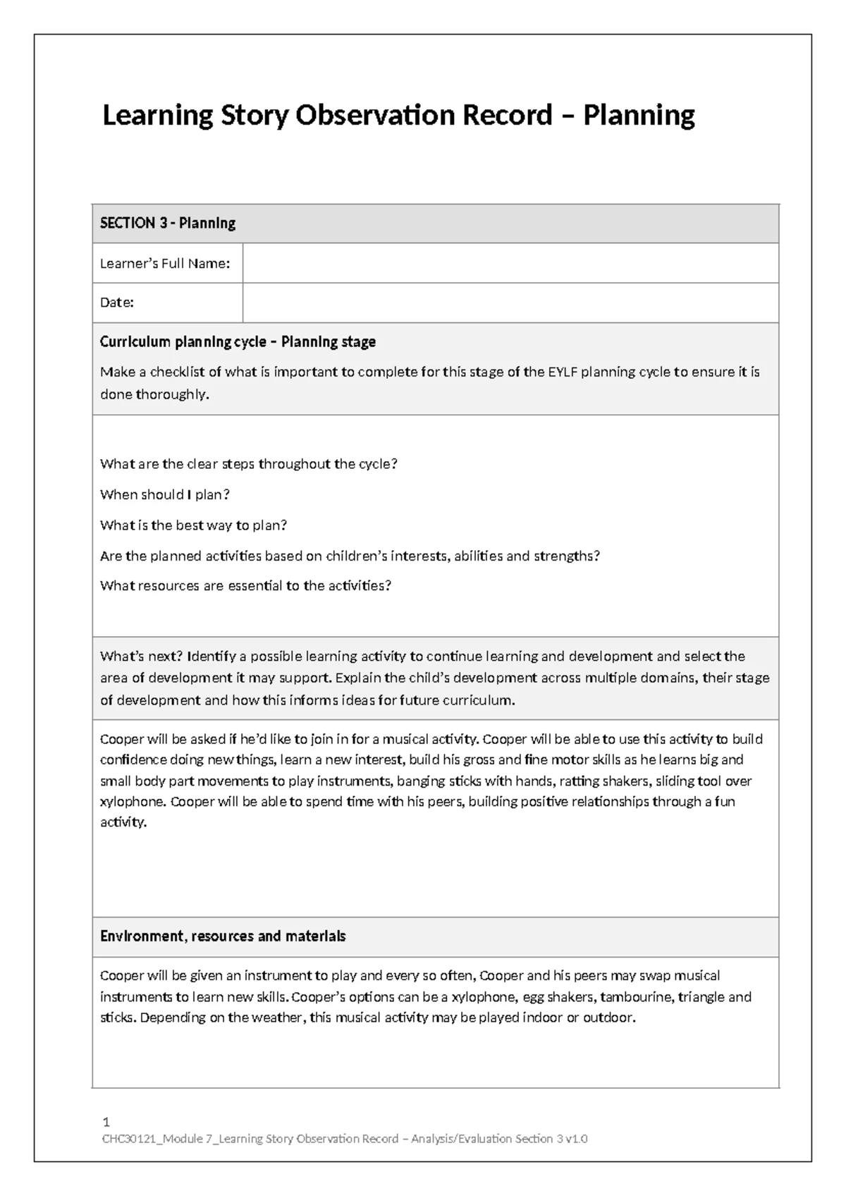 CHC30121 Placement Block 3: Evaluation of Learning & Play Experiences ...