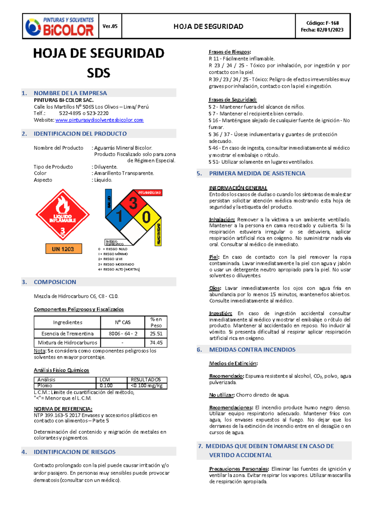 Hoja de Seguridad: Aguarrás Mineral Bicolor - SDS 168/2023 - Document Preview