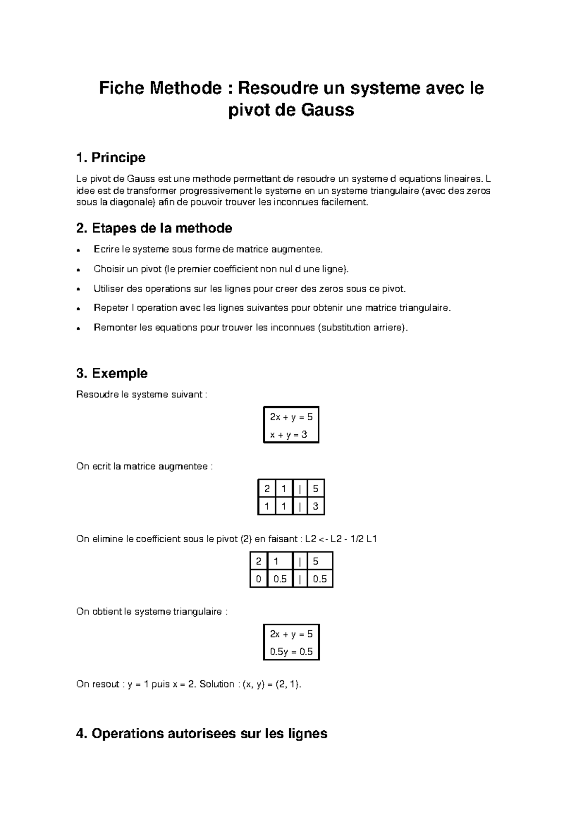 Fiche M thode R soudre Un Syst me Avec Le Pivot De Gauss Studocu