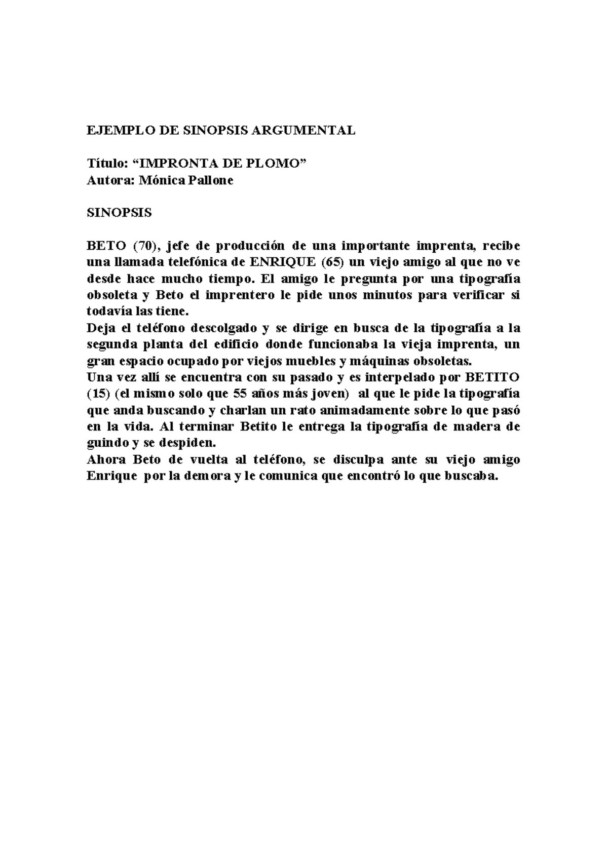 Ejemplo de Sinopsis Argumental - Mónica Pallone - Studocu