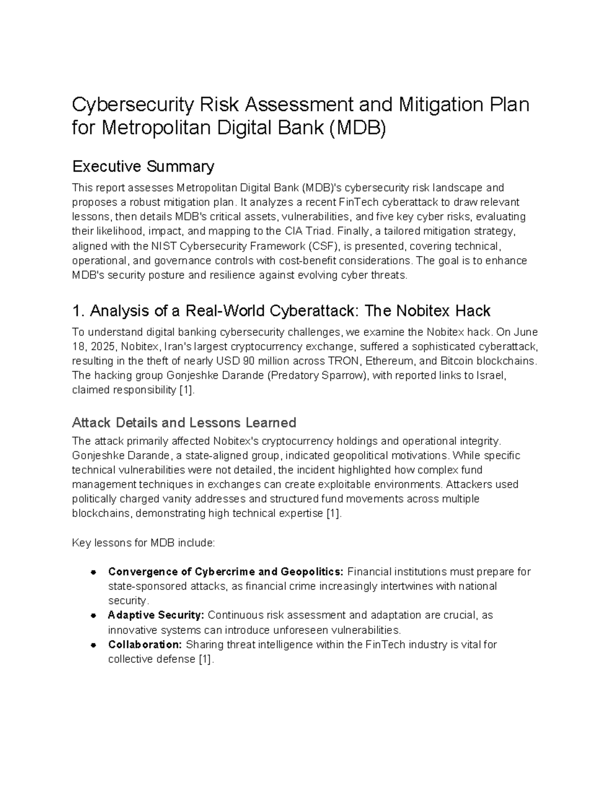MDB Cybersecurity Risk Assessment & Mitigation Plan - Studocu