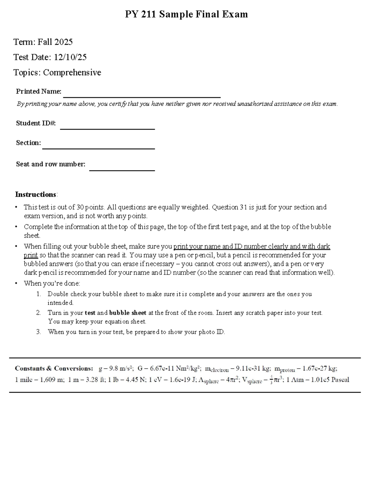 PY 211 Comprehensive Final Exam Sample - Fall 2025 - Studocu