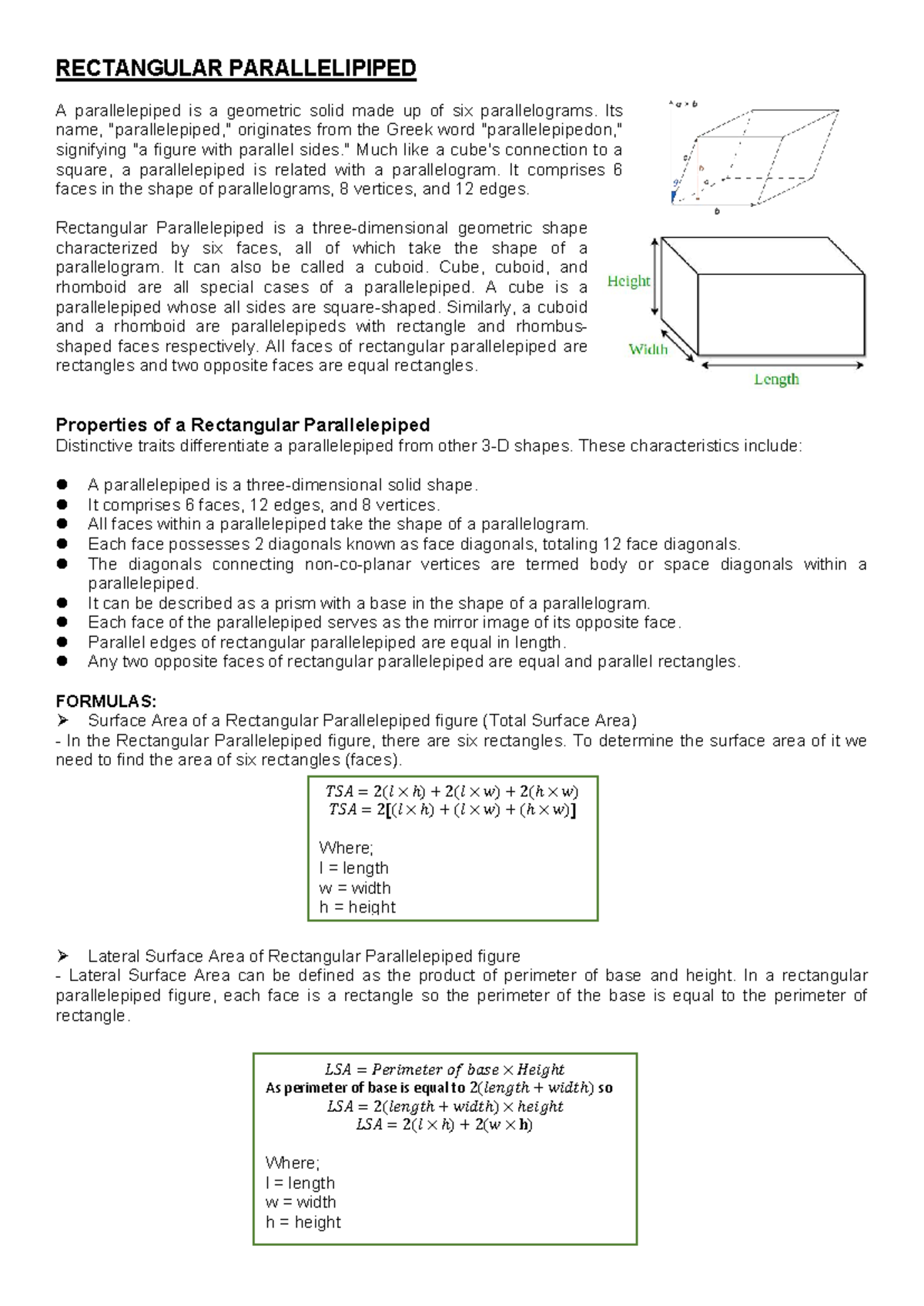 RECTANGULAR PARALLELEPIPED: Properties and Formulas Explained - Studocu