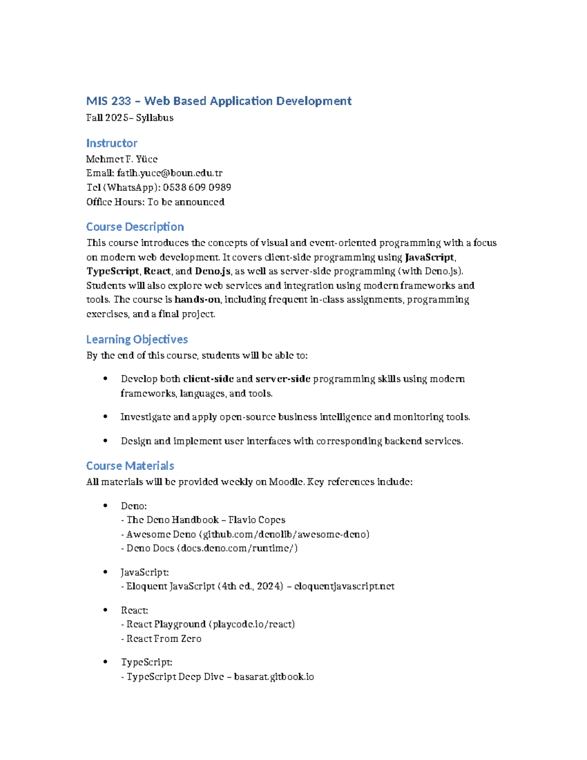 MIS 233 Web-Based App Dev Fall 2025 Syllabus & Course Overview - Studocu