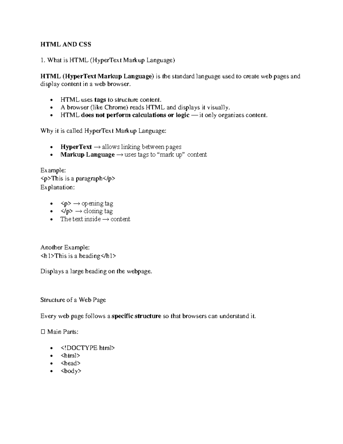 HTML AND CSS 1: Comprehensive Notes on Web Page Structure and Tags ...