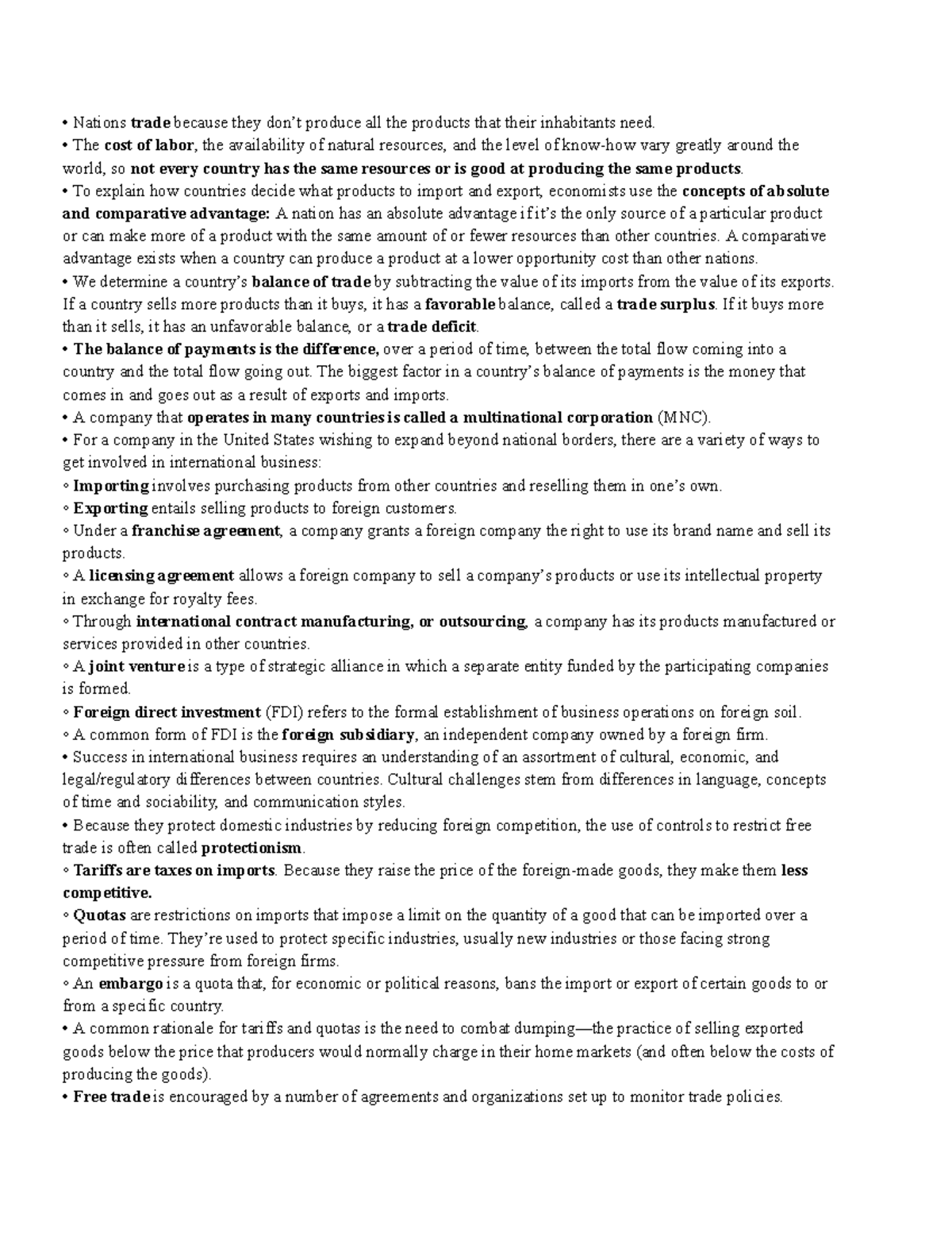 Chapter 5 Notes: International Trade Concepts in Business (BUS 101 ...