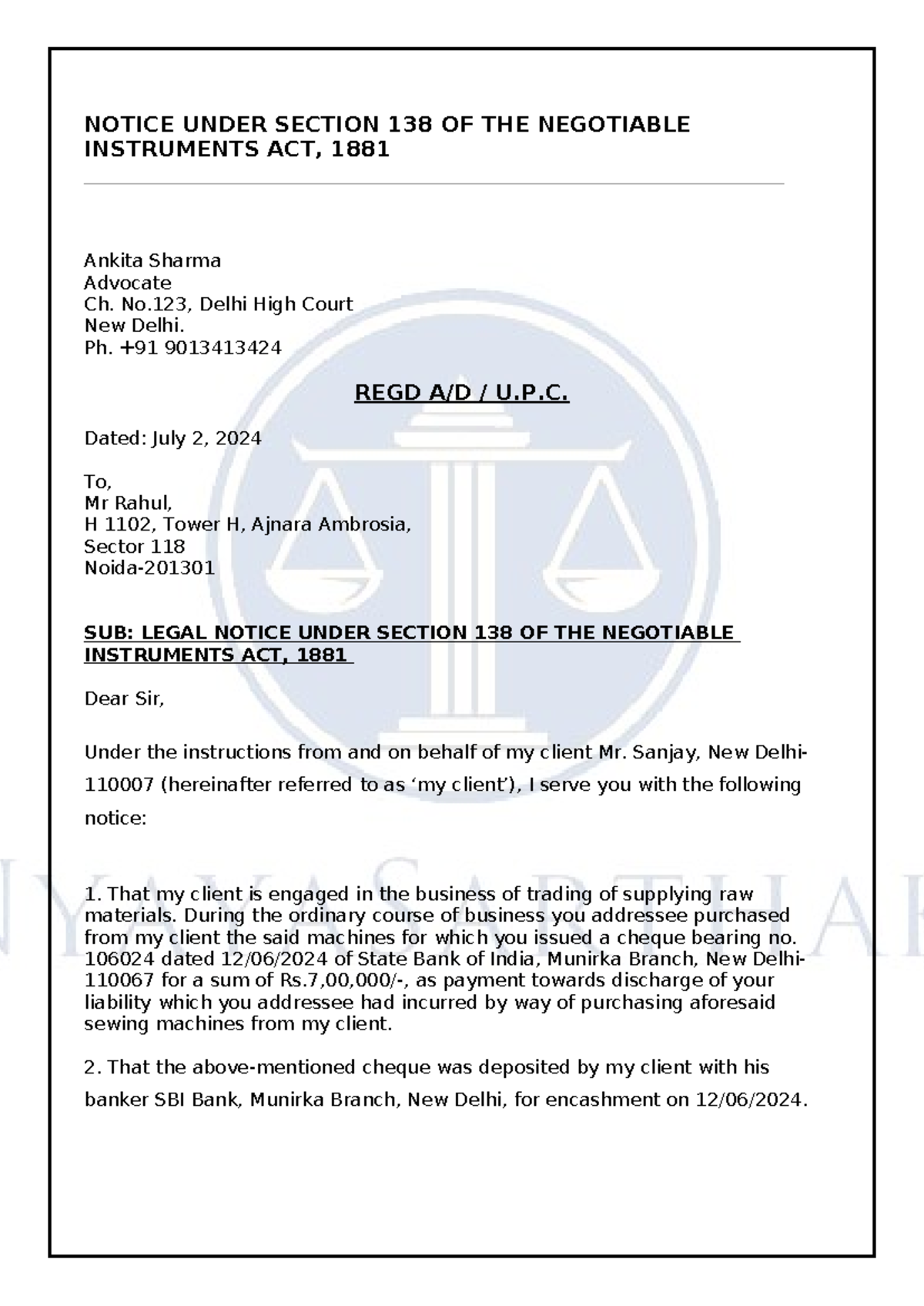 Notice Under Section 138 OF THE Negotiable Instruments ACT - NOTICE ...