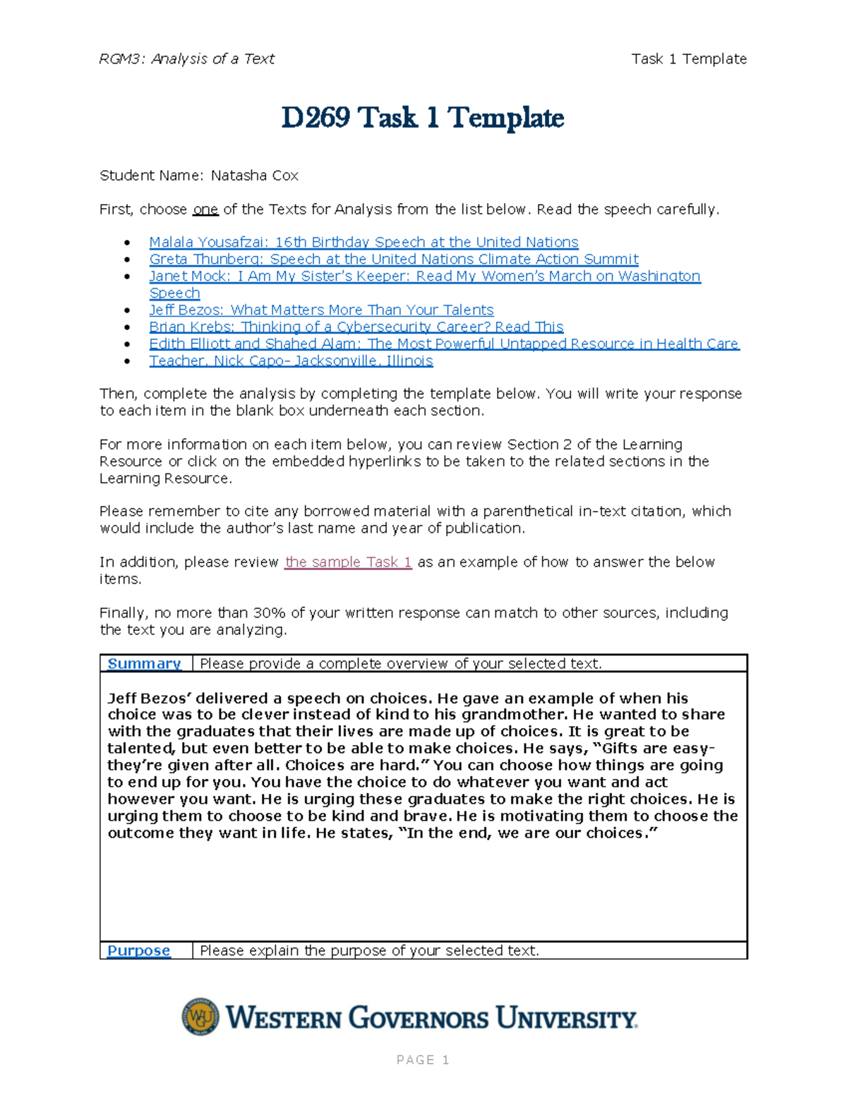 D269 Final Exam: Writing with a Strategy - Task 1 Analysis Template ...