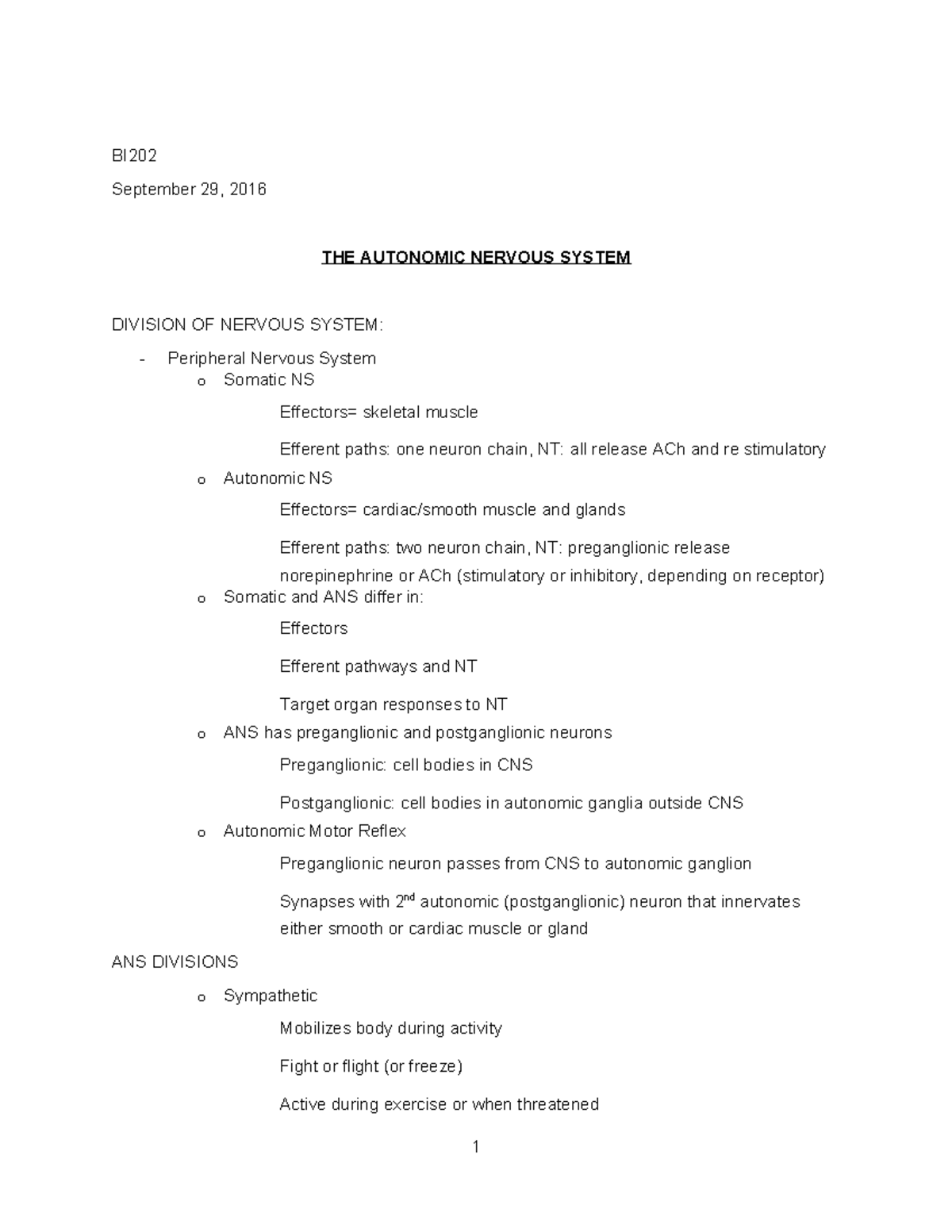 BI202 - Comprehensive Notes on the Autonomic Nervous System - Studocu
