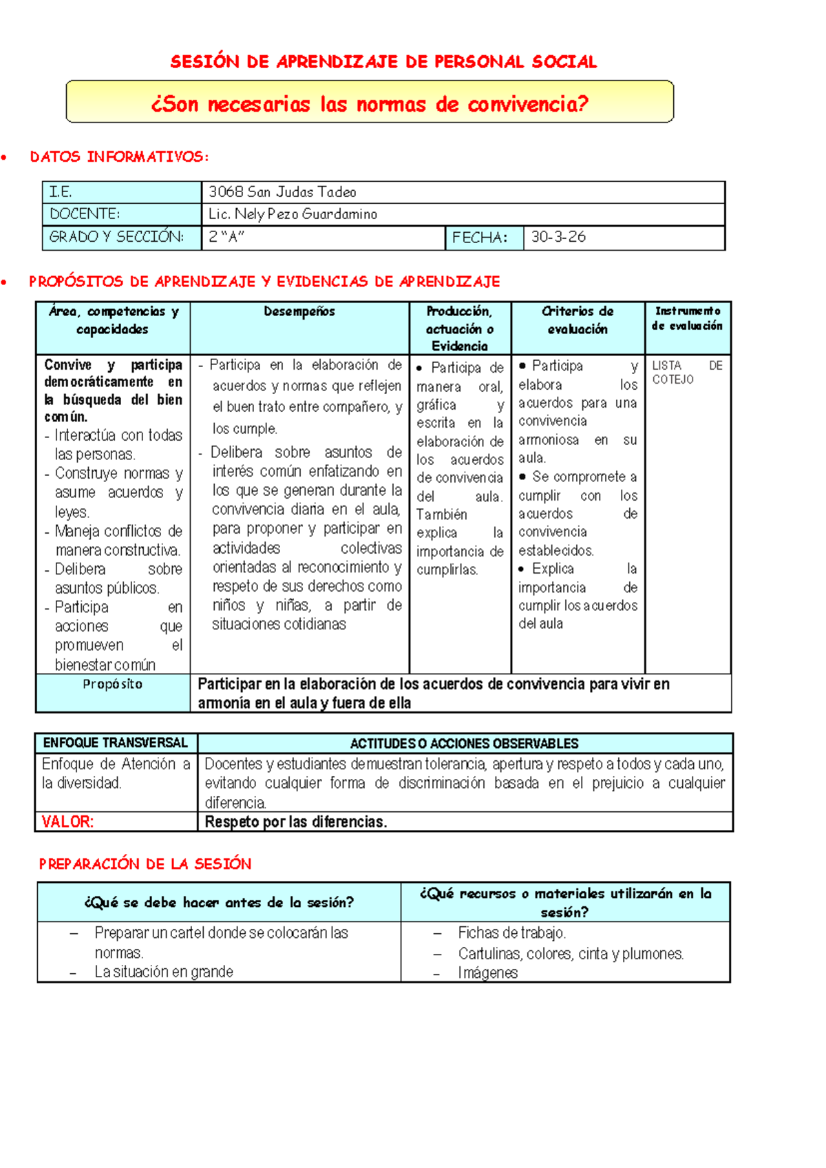 SESION DE APRENDIZAJE DE PERSONAL SOCIAL: Normas de Convivencia IE 3068 ...