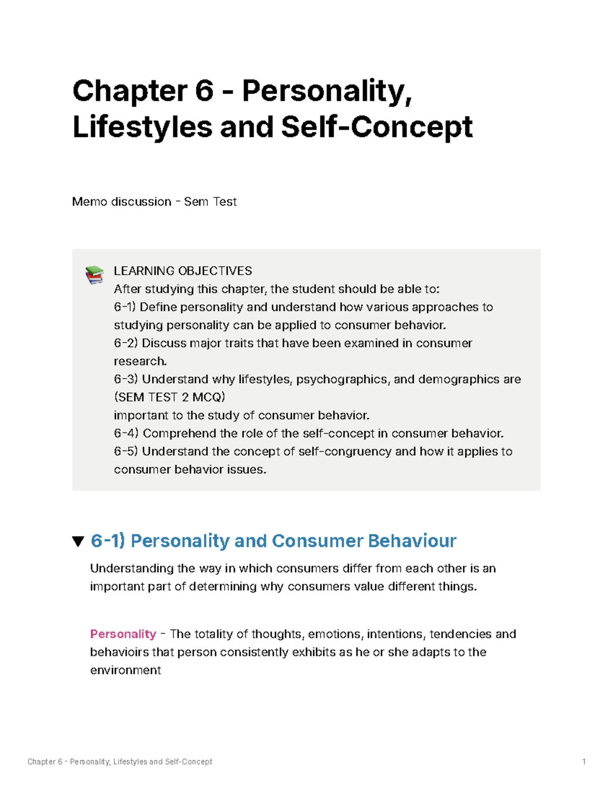 BEM 212 Chapter 6: Personality, Lifestyles, and Consumer Behavior ...