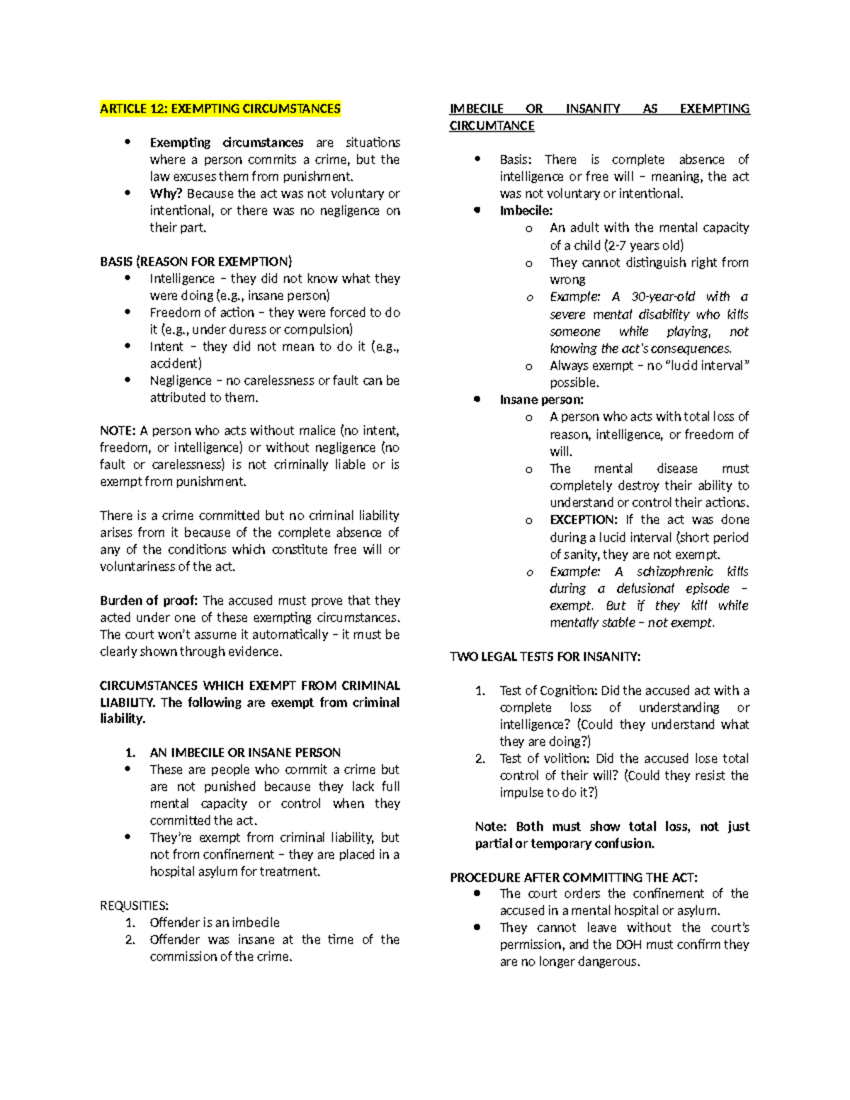 Article 12: Exempting Circumstances in Criminal Law - Studocu