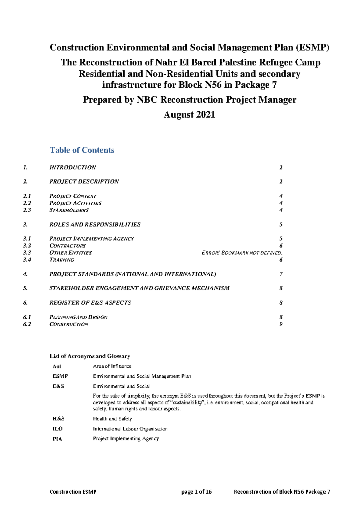 Construction Environmental and Social Management Plan (ESMP) for NBC ...