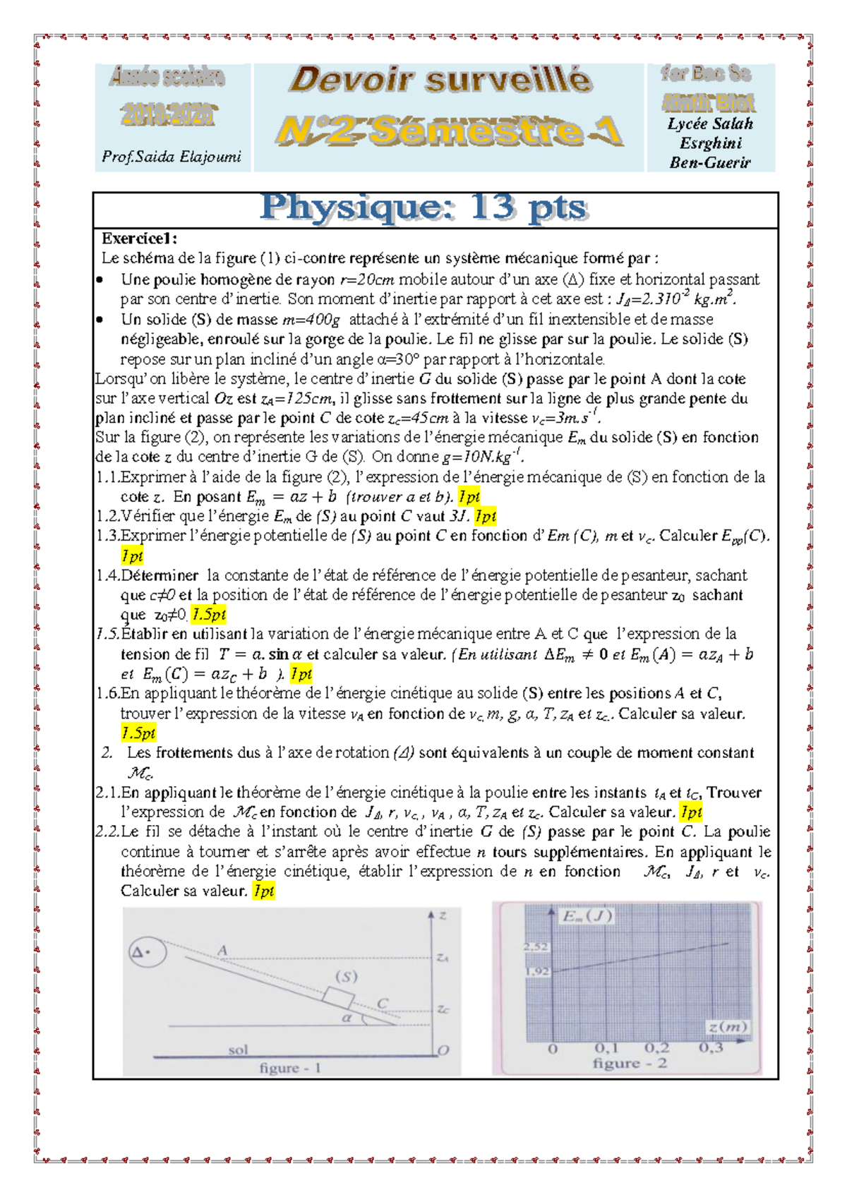 Devoir 2 Modèle 3 Physique Chimie 1er Bac Semestre 1 - Exercice et ...