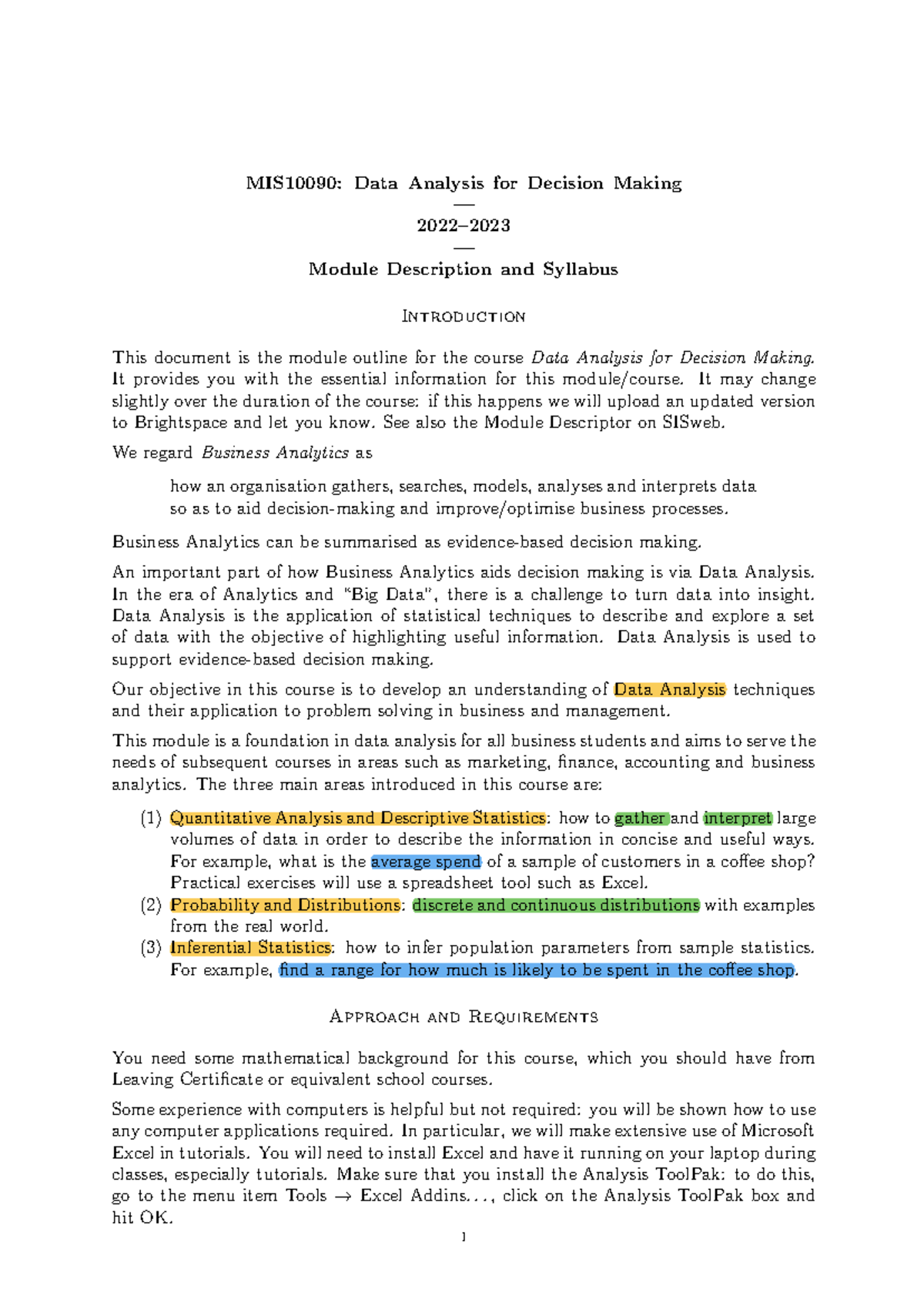MIS10090: Data Analysis for Decision Making Module Overview and ...