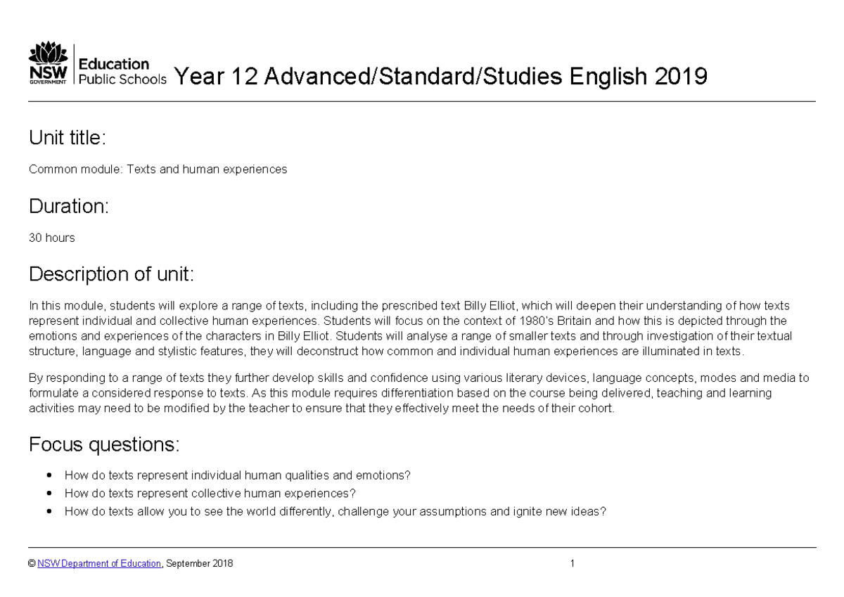 Year 12 English 2019: Unit on Texts & Human Experiences - Billy Elliot ...