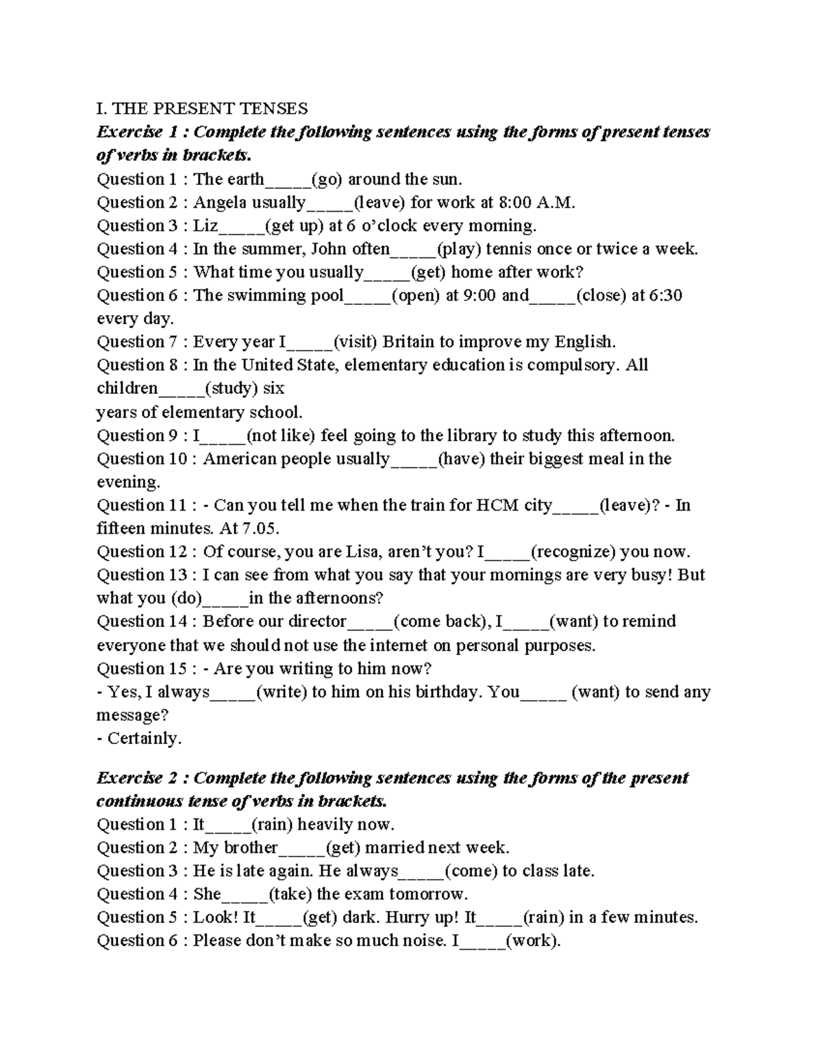 B2 - Present and Past Tenses Grammar Exercises - Studocu