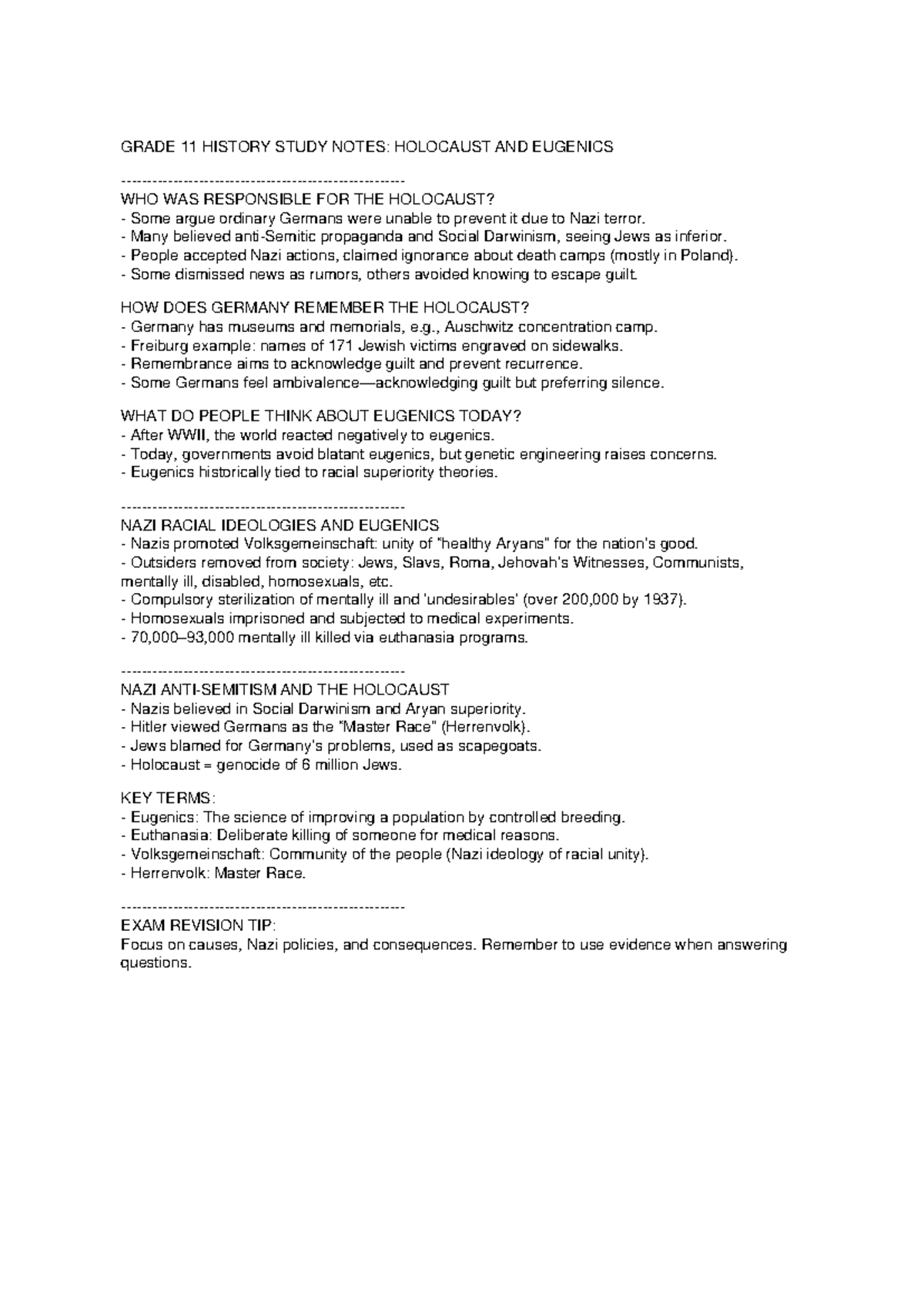 Grade 11 History Study Notes: Holocaust & Eugenics Overview - Studocu