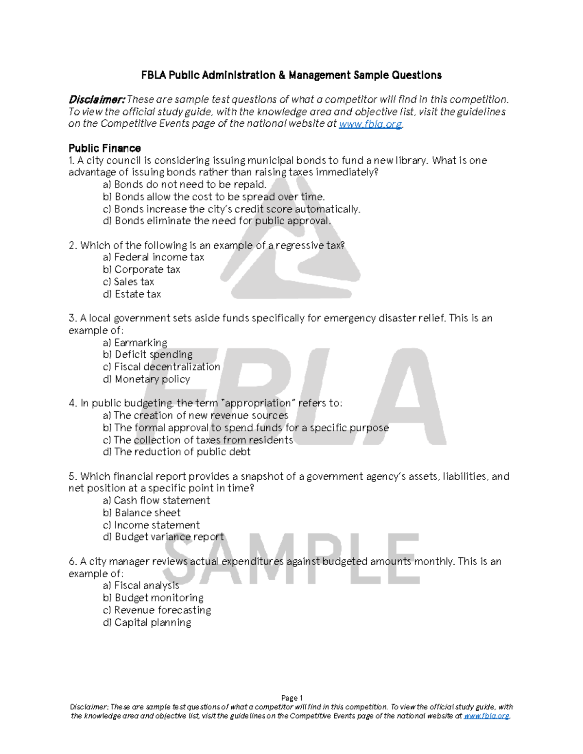 FBLA Public Administration Management Sample Test Questions - Studocu