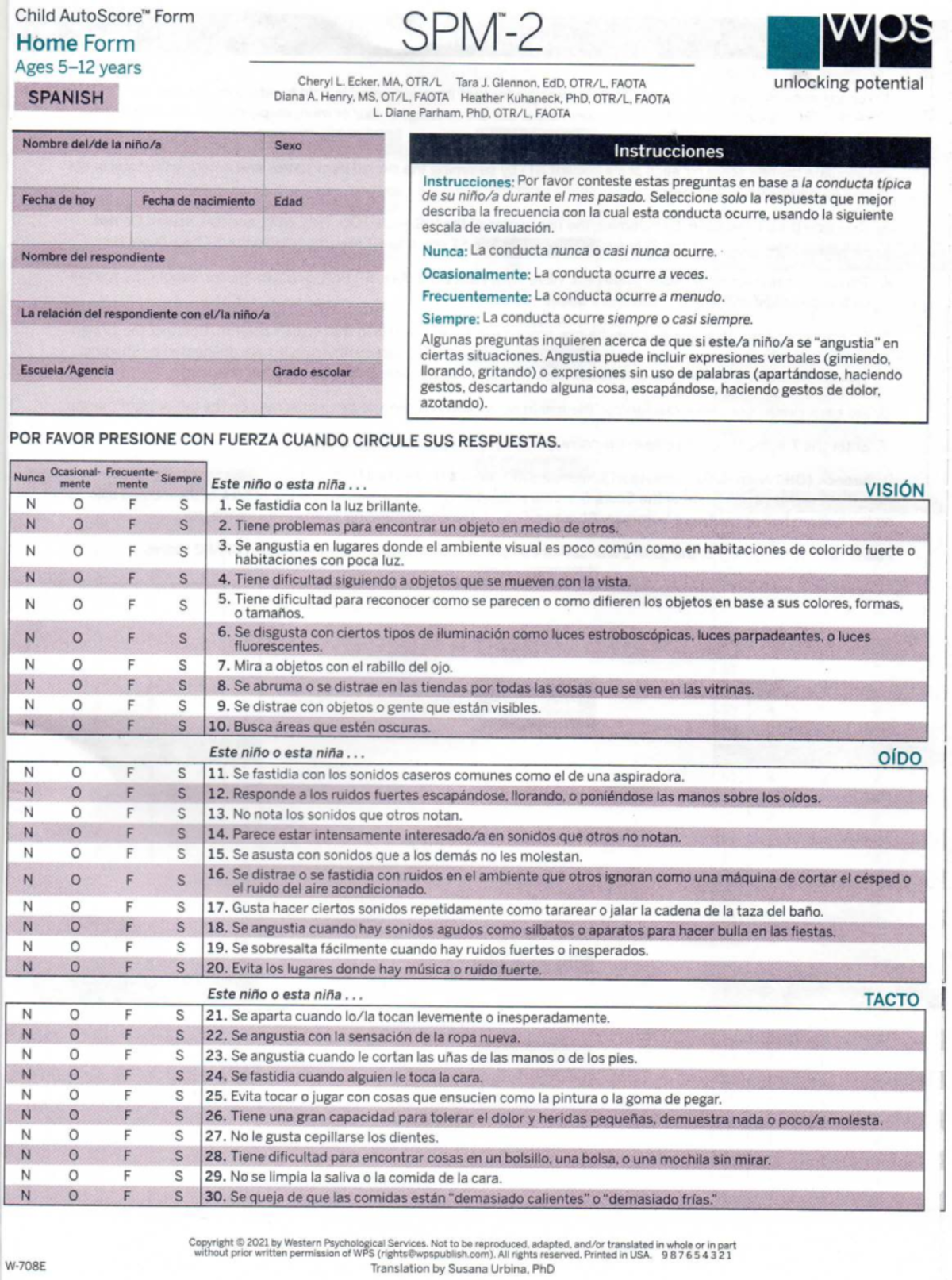 SPM-2 PROCESAMIENTO SENSORIAL: Evaluación de Conducta Típica - Studocu
