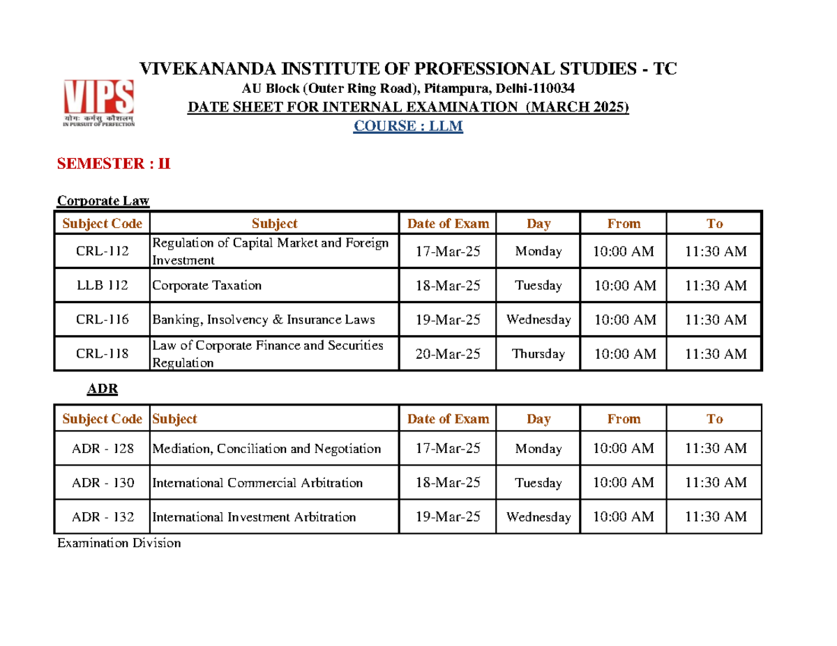 Vslls Date Sheet for Class Test March 2025 - SEMESTER : II Corporate ...