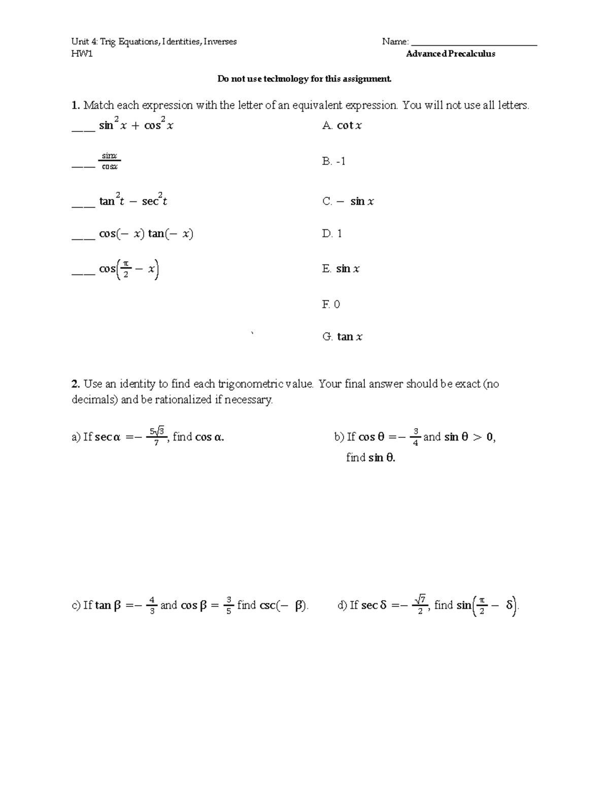 APC Unit 4: Trig Equations & Identities Homework Packet 2025 - Studocu