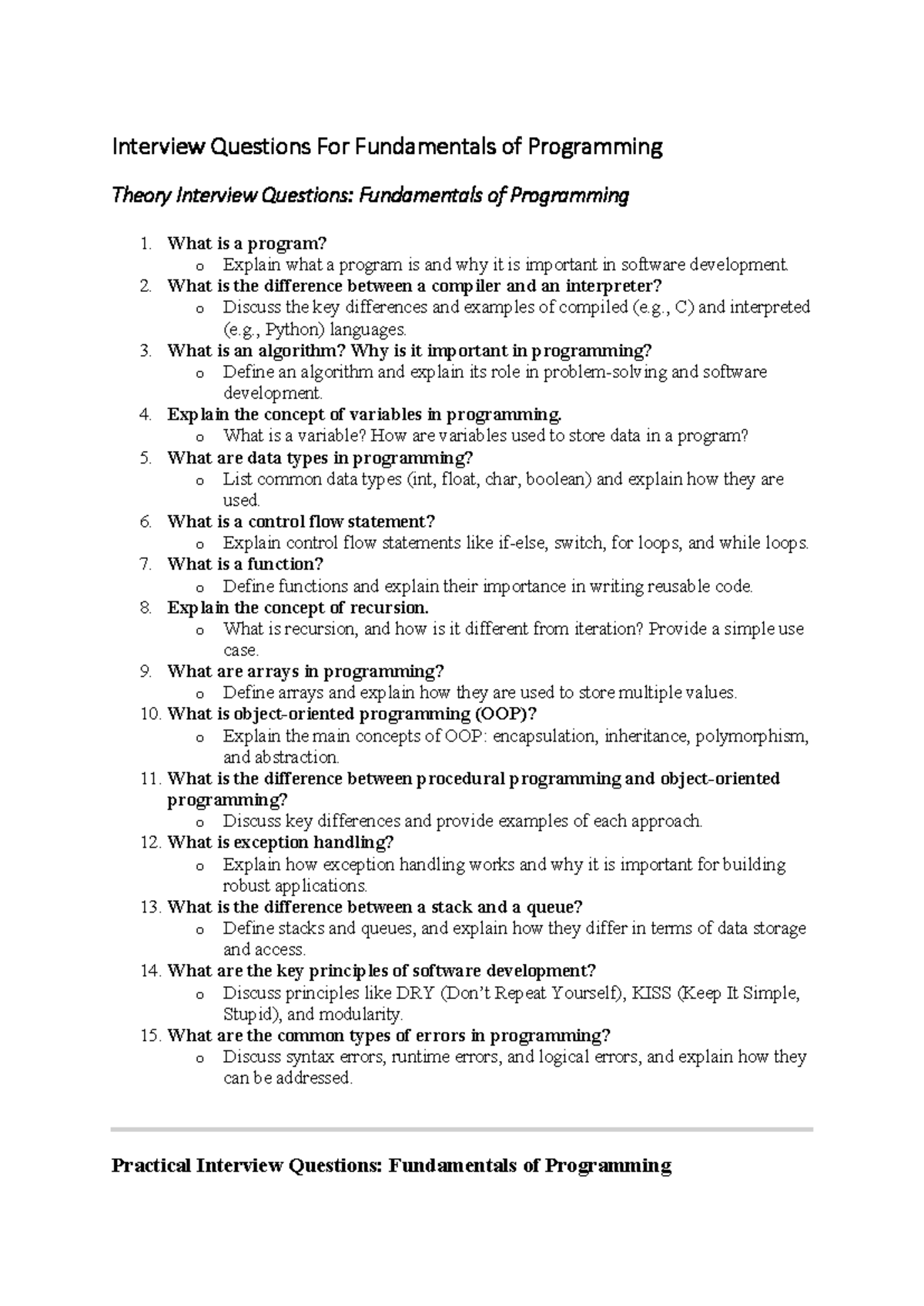 Interview Questions for Software Engineering (SE 101) - Studocu