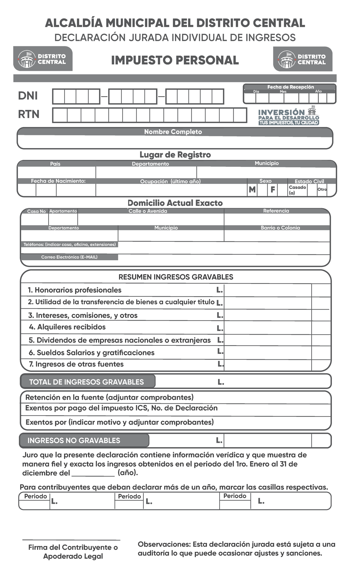 Formulario de Declaración Jurada de Ingresos - ALCALDÍA AMDC - Document Preview