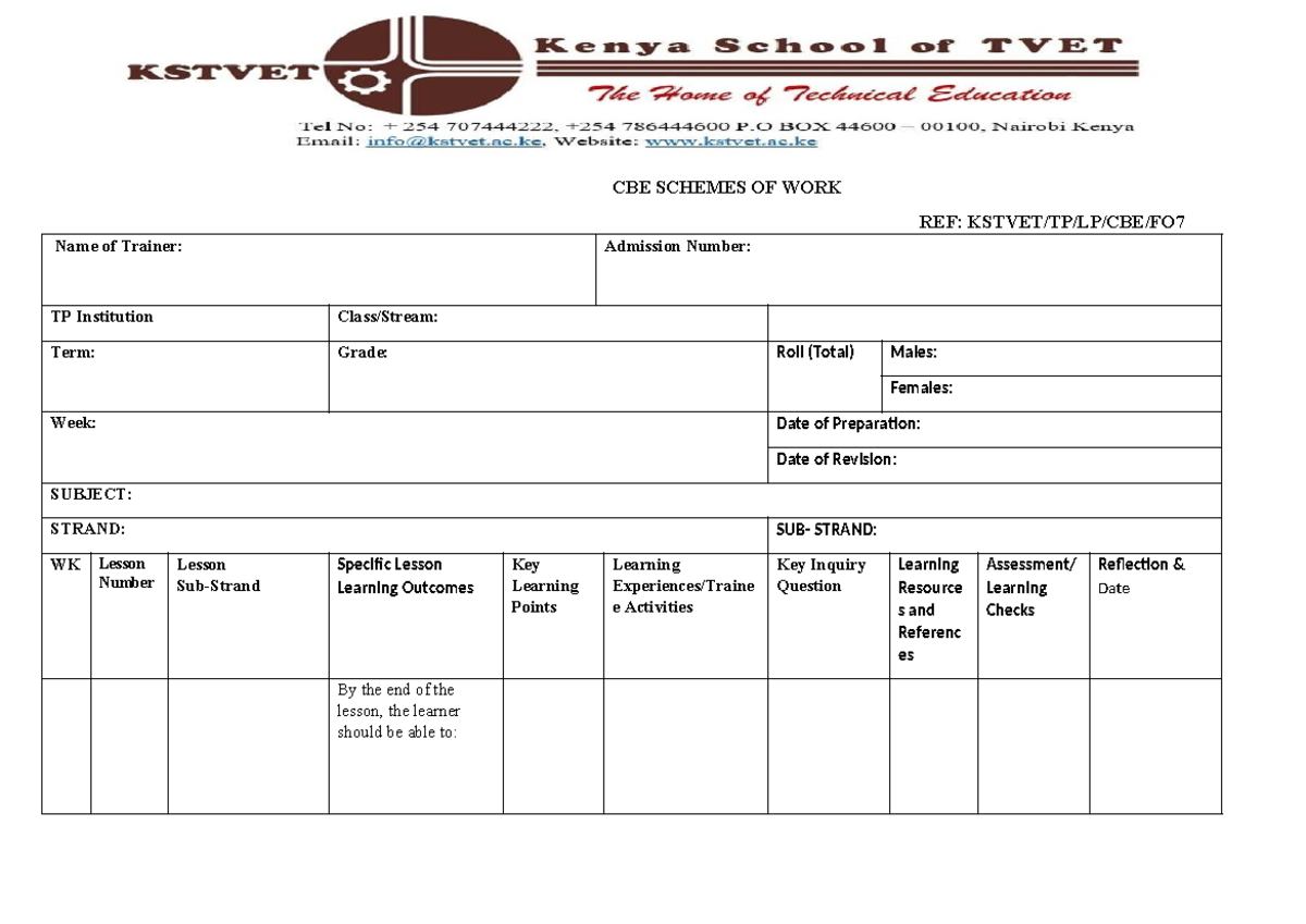 CBE Scheme OF WORK Template Final -1 - CBE SCHEMES OF WORK REF: KSTVET ...