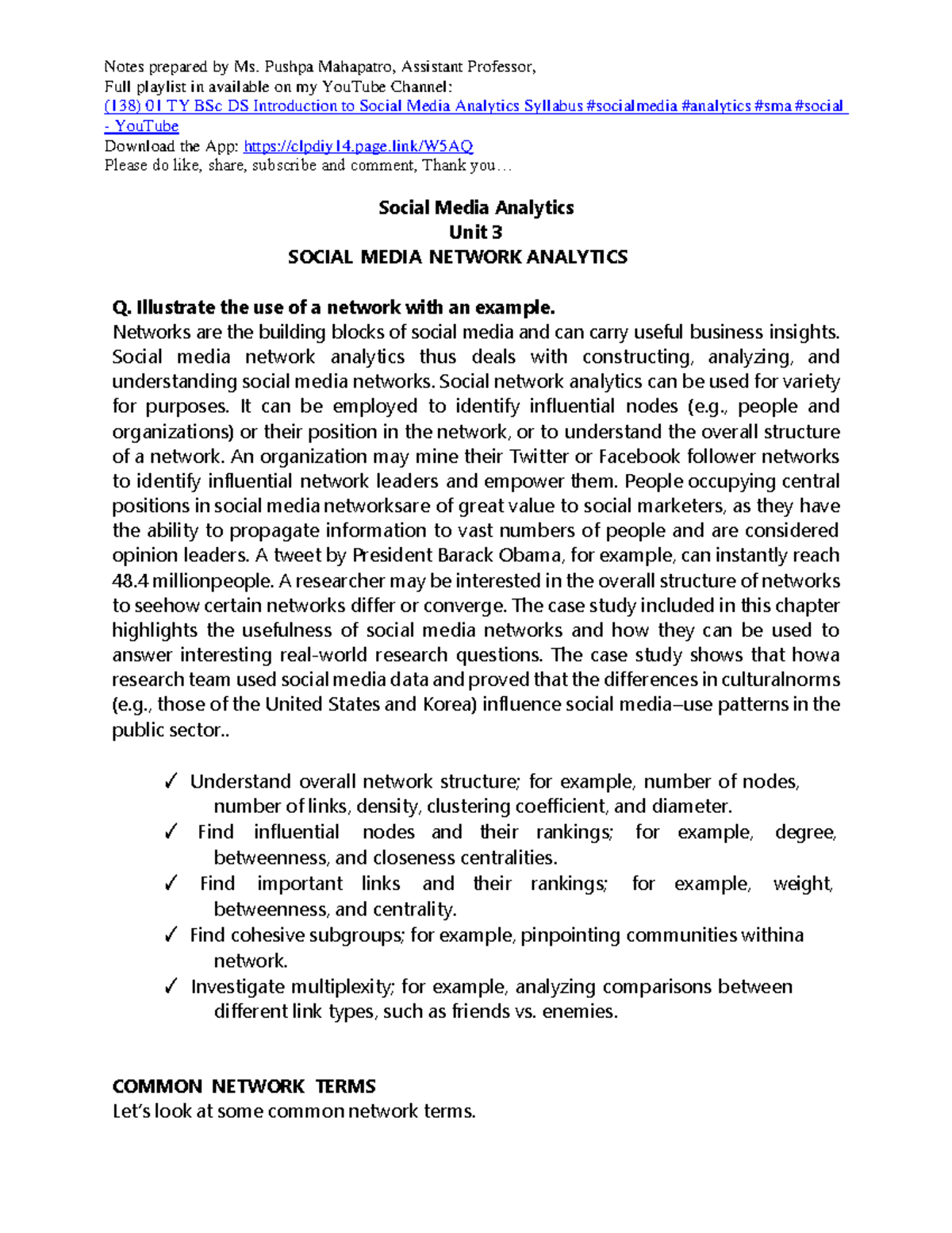 TY DS SMA Unit 3: Understanding Social Media Network Analytics - Studocu