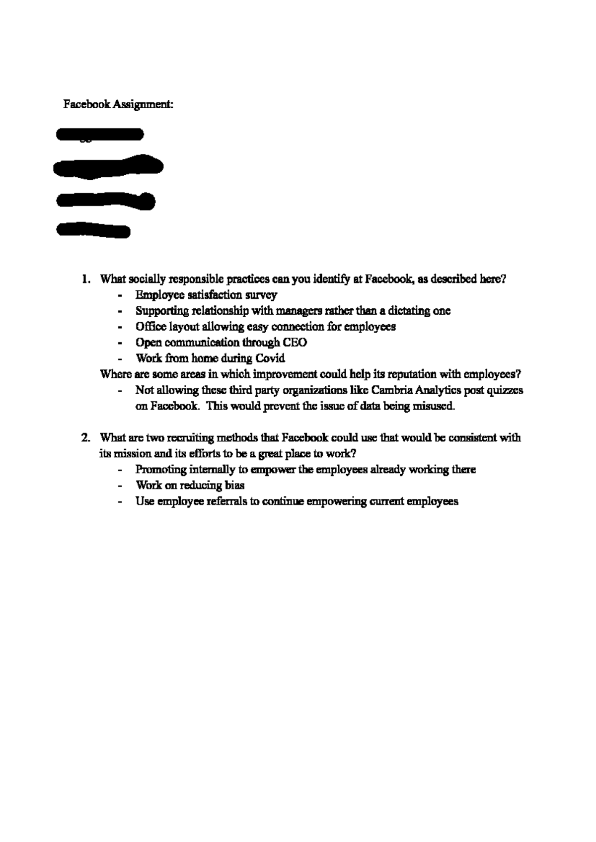 Facebook Assignment: Social Responsibility & Recruiting Methods ...