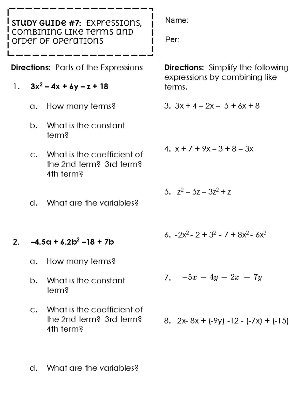 Study Guide: Expressions, Like Terms & Order of Operations (MATH 101 ...