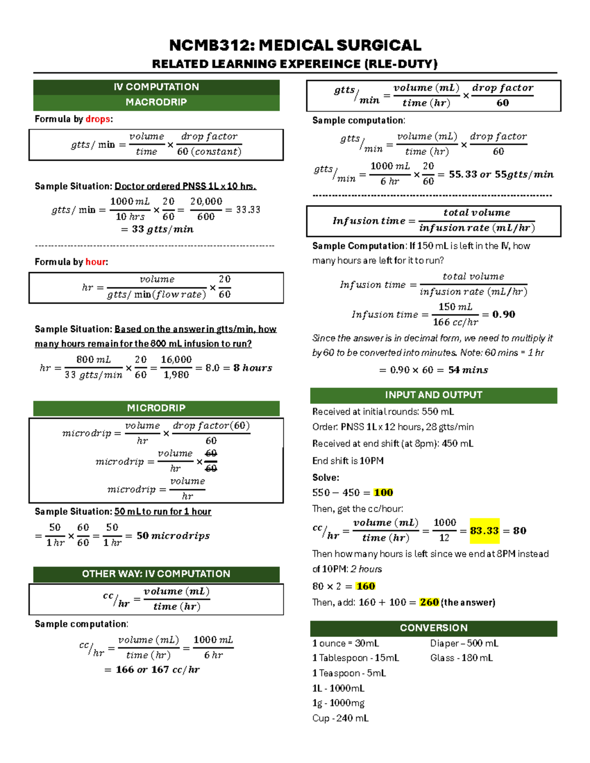 NCMB312: Medical Surgical Learning Experience IV - IV Computation Notes ...