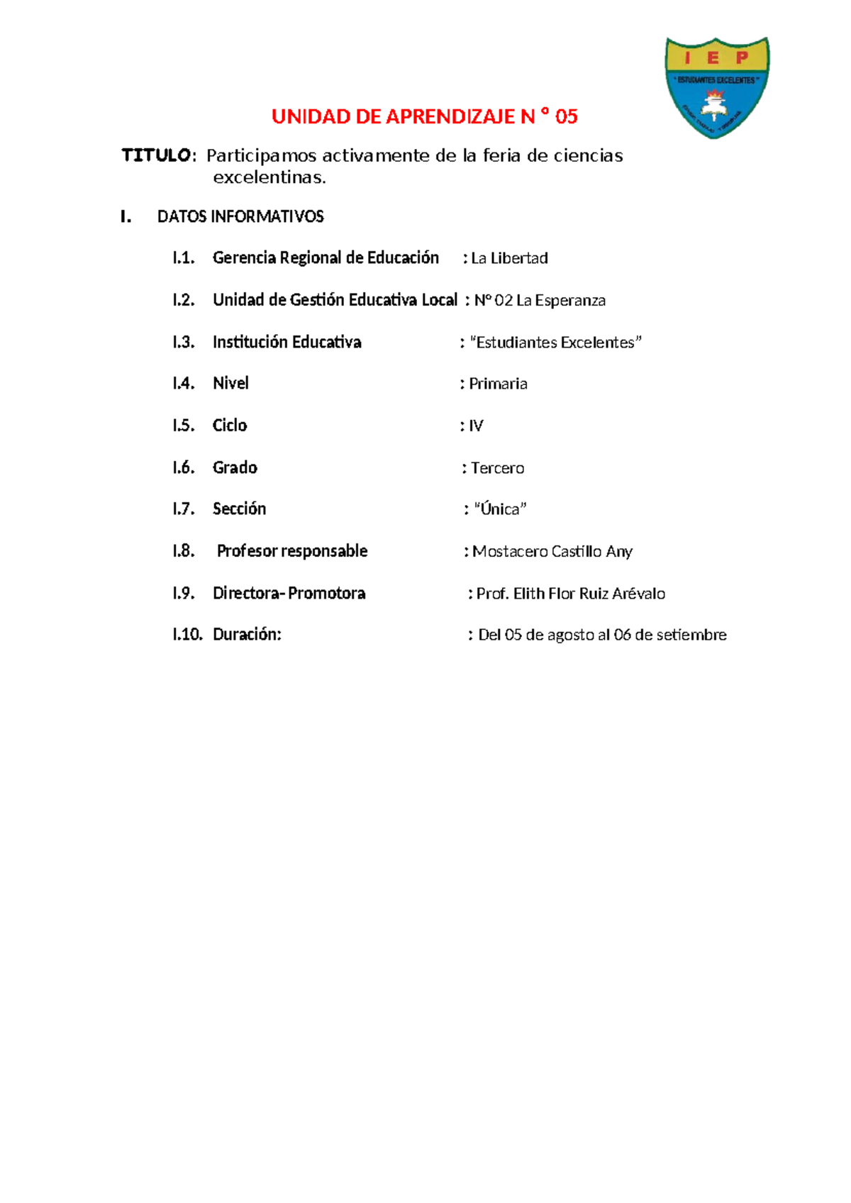 Unidad de Aprendizaje N º 05: Feria de Ciencias para Tercer Grado - Document Preview