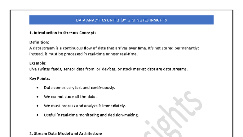 DATA ANALYTICS UNIT 3: Insights on Stream Concepts and Applications ...