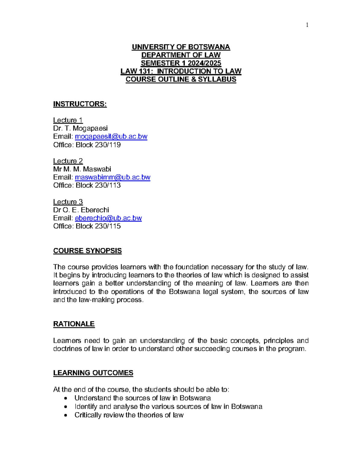 LAW 106 Customary Law Course Outline & Syllabus (2024-2025) - Studocu