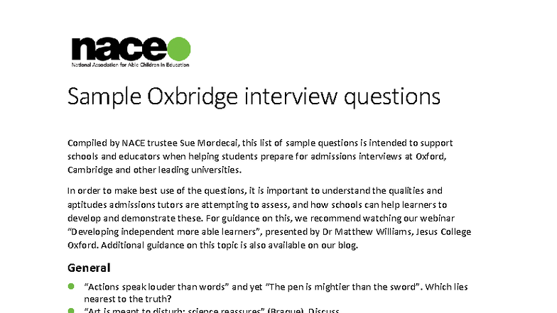 NACE Sample Oxbridge Interview Questions Compilation - Studocu