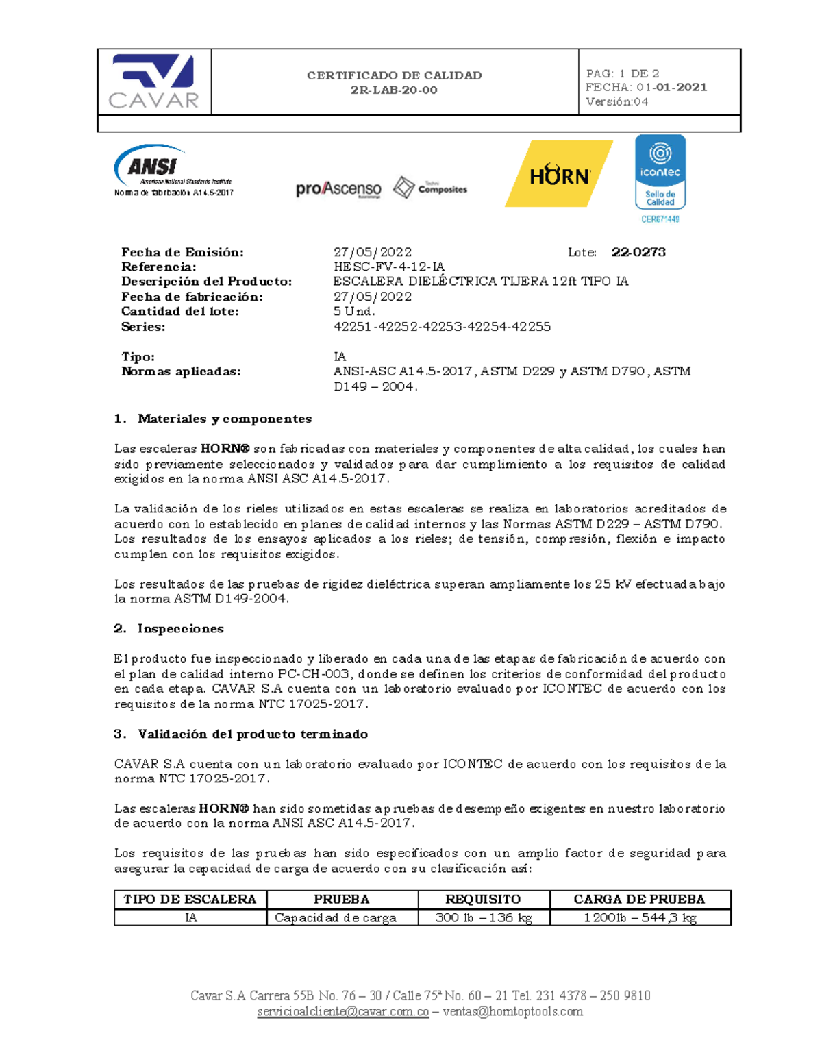 Certificado de Calidad Cavar - Escalera Dieléctrica TIPO IA - Document Preview