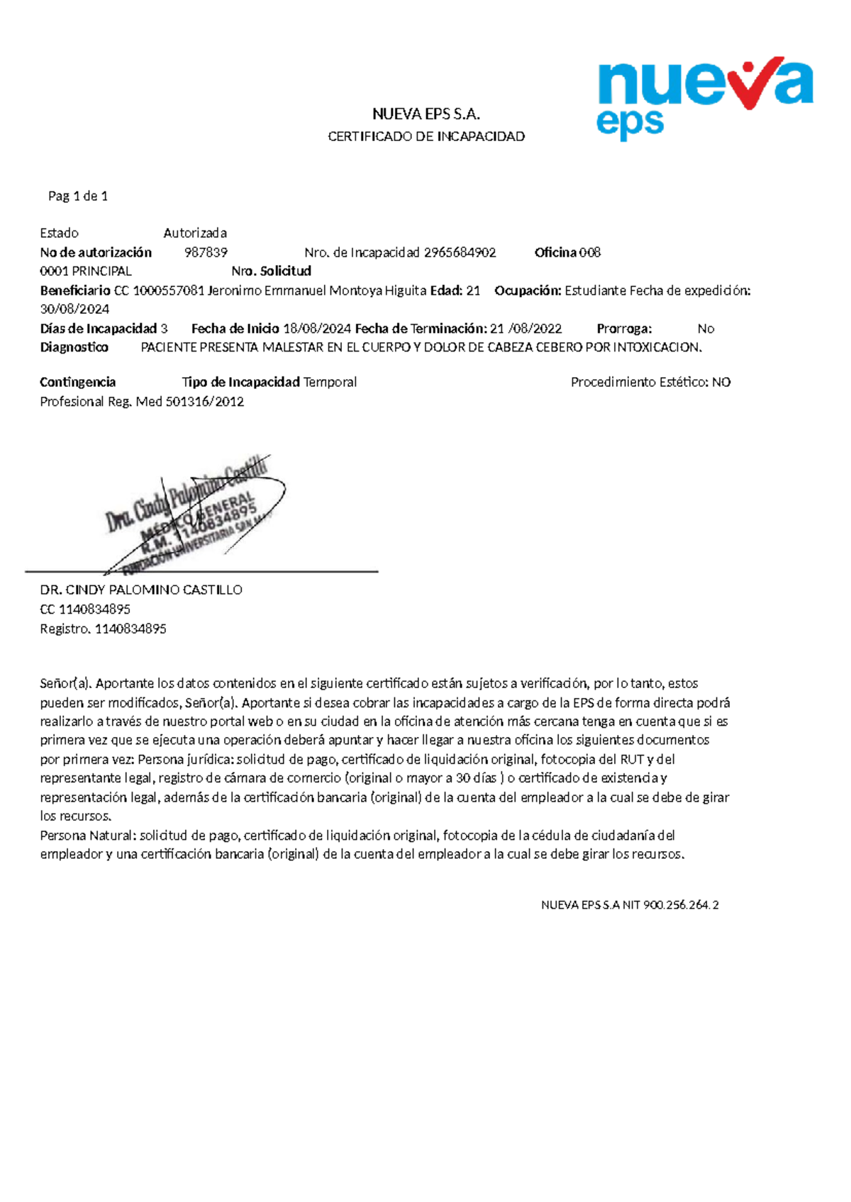 Certificado de Incapacidad Editable - NUEVA EPS S. - Document Preview