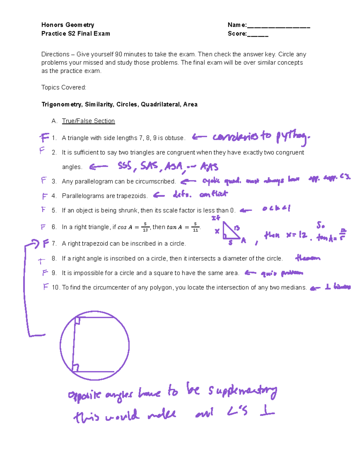 Honors Geometry Practice S2 Final Exam - Studocu