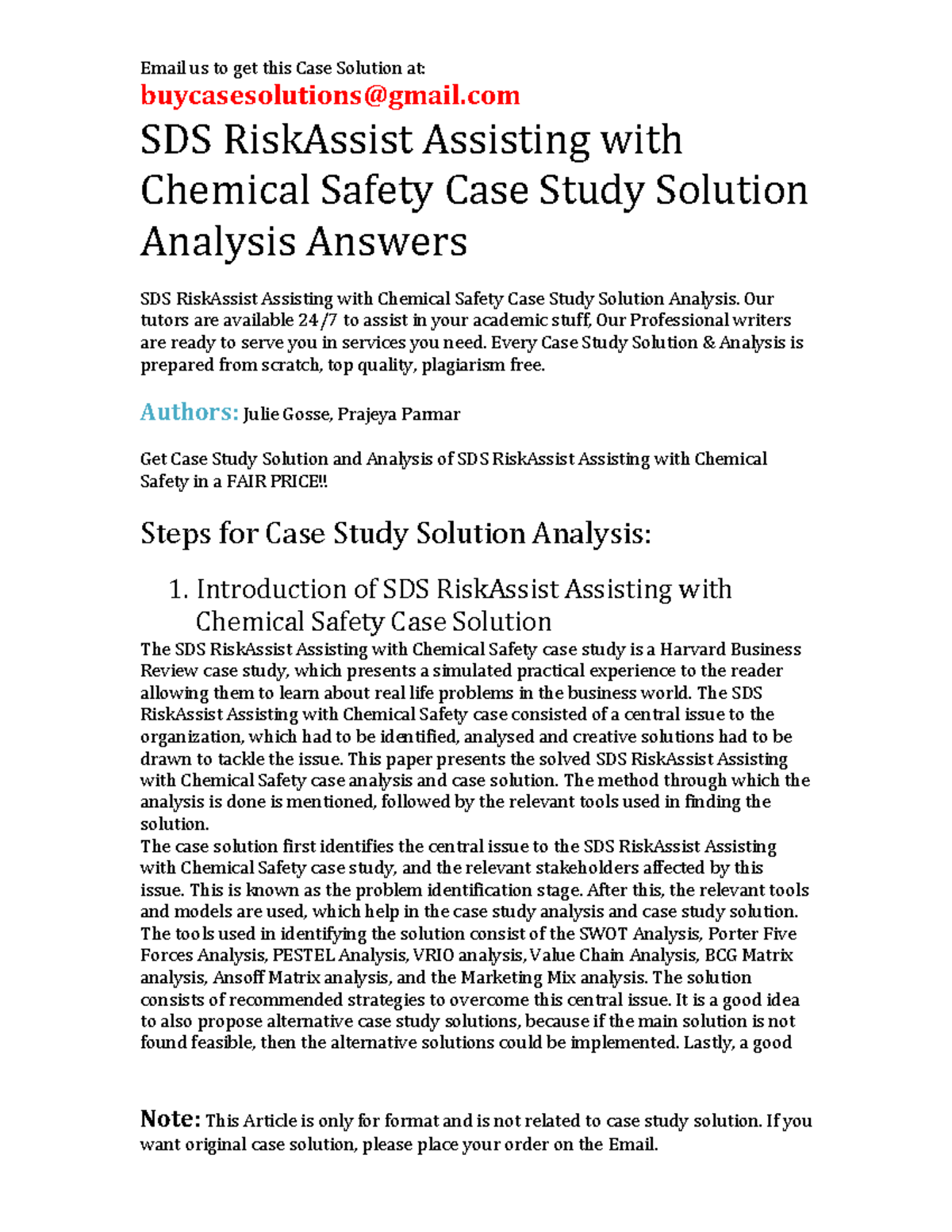 SDS RiskAssist Chemical Safety Case Study Solutions & Analysis - Studocu