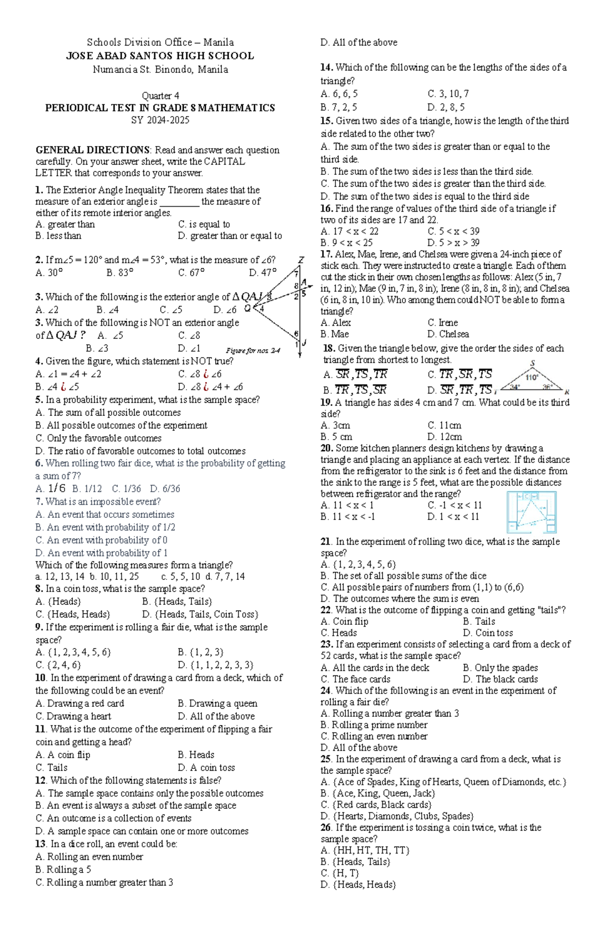 Grade 8 Math Q4 Periodical Test - Prefinal Notes - Studocu