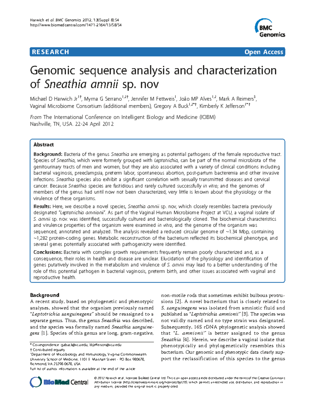 Genomic Characterization of Sneathia amnii sp. nov: ICIBM 2012 Study ...